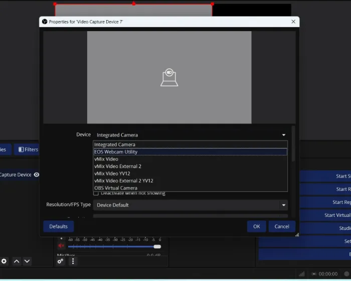 Select the DSLR as a Video Source