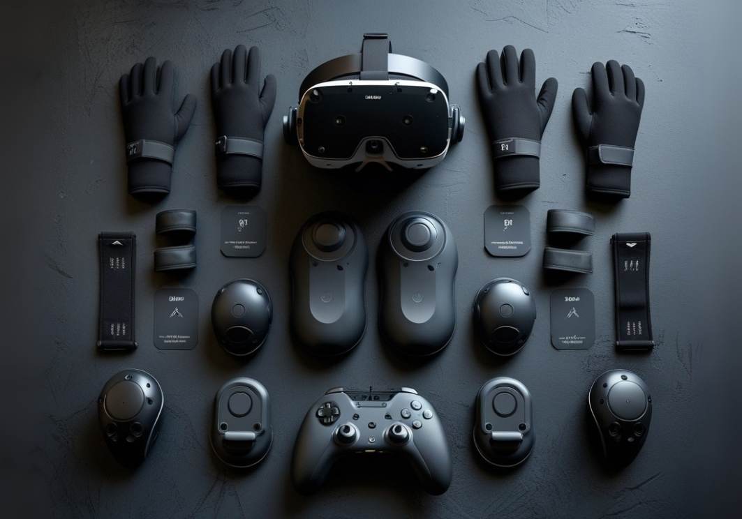 Top view of a complete VR haptic suit kit including VR headset, haptic gloves, motion trackers, and controller components for immersive virtual reality gaming.