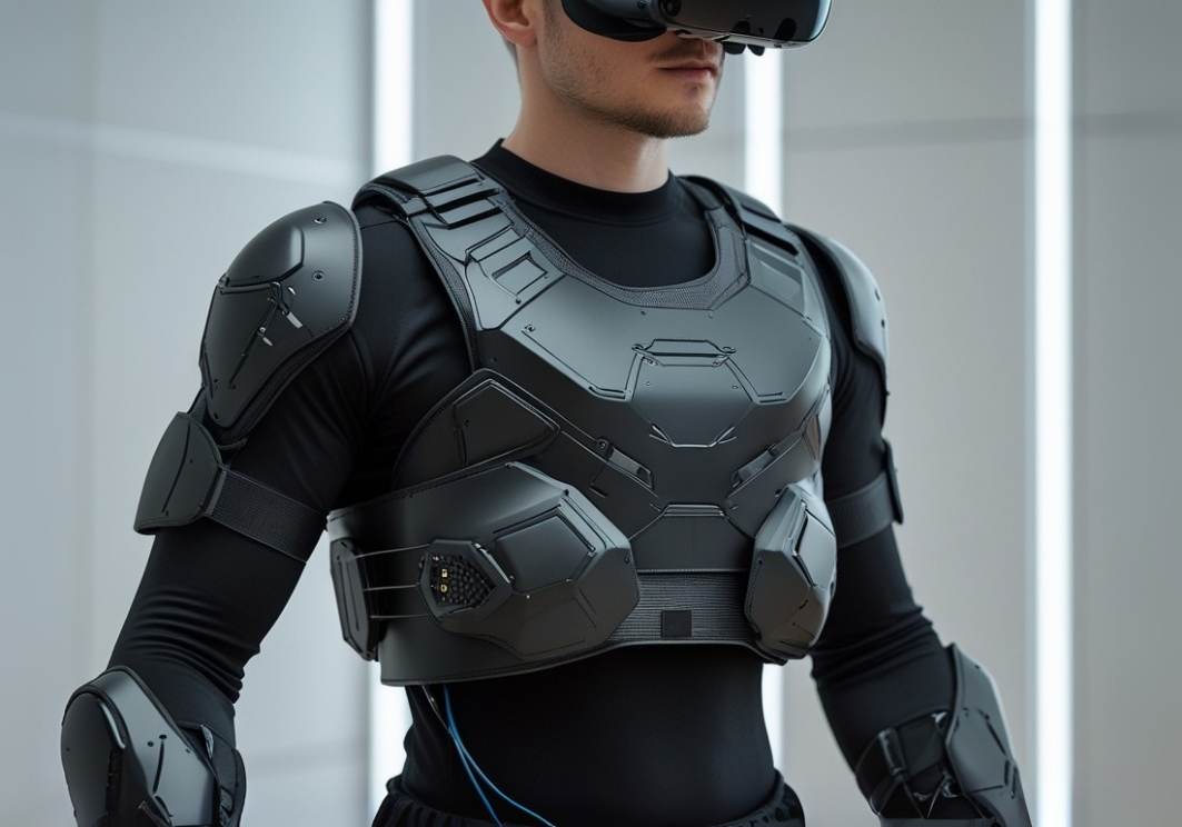 Man wearing a full-body VR haptic suit with armor-style chest and arm plates, using a VR headset for advanced immersive virtual experiences.
