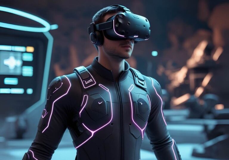 Man using VR headset in a neon-lit haptic suit for full-body immersion in a virtual gaming environment or metaverse simulation.